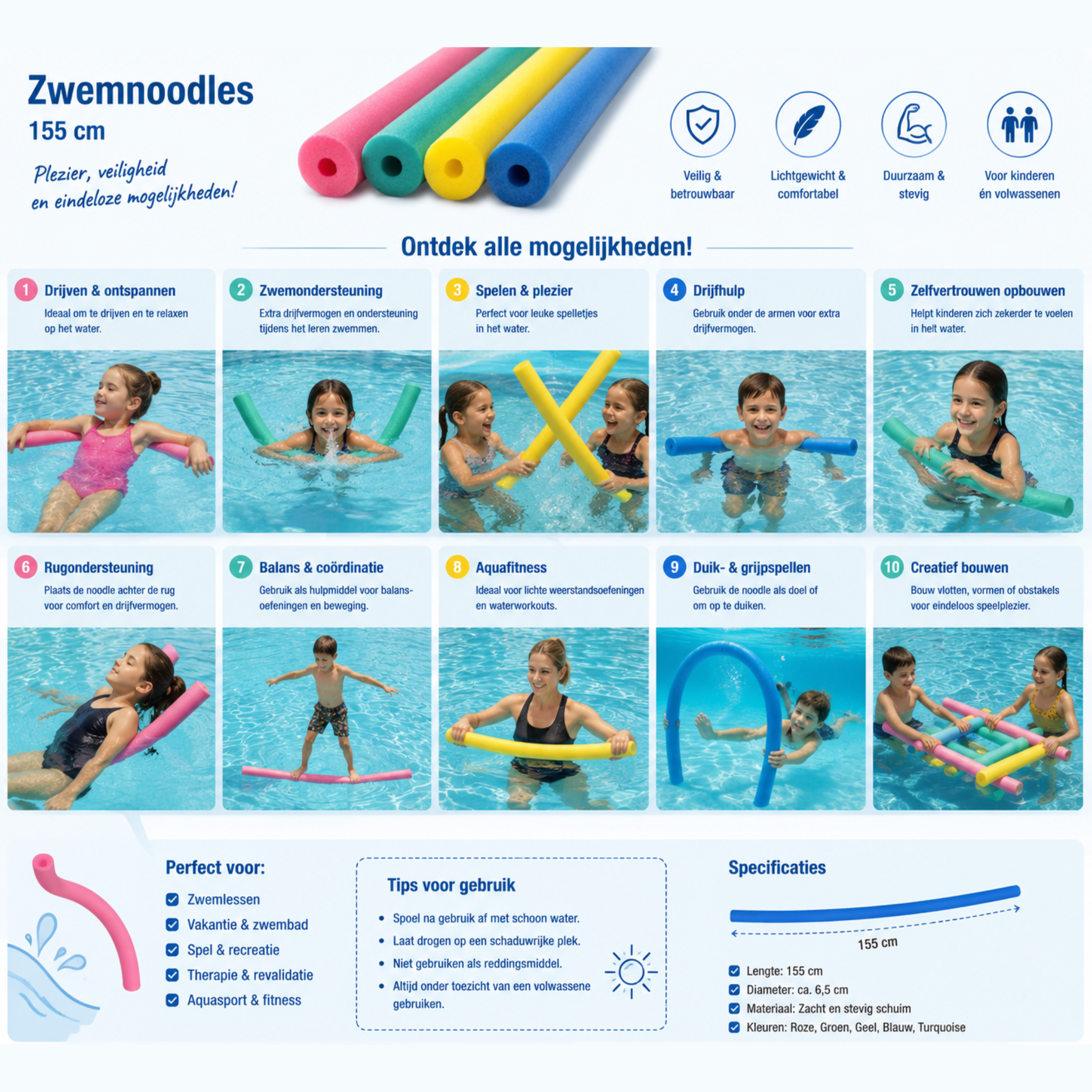 AquaFlexx® Water Noodle Geel 155 cm – Professionele Zwemnoodle voor Zwembad, Aquafitness & Watertraining