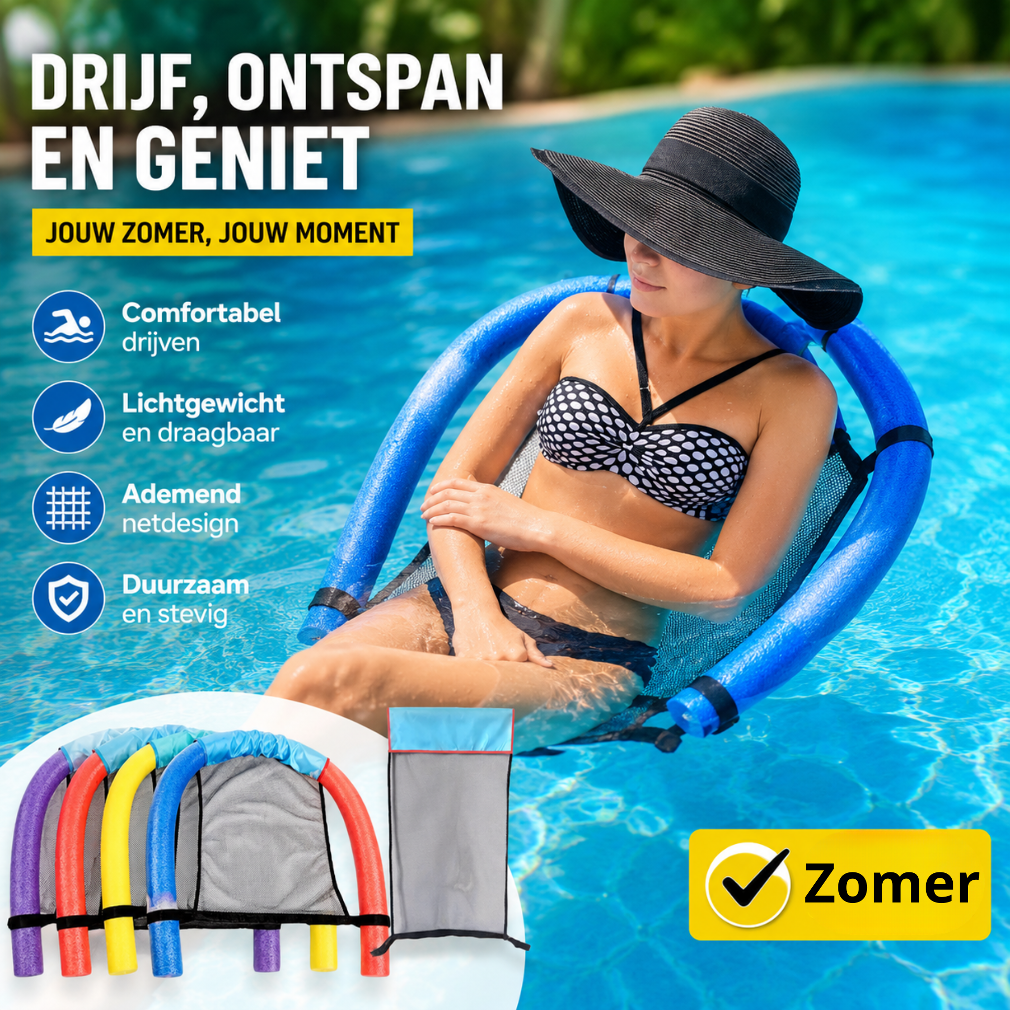 AquaFlexx® Water Noodle Hangmat Zak – Drijfstoel Net voor Zwembad, Pool Noodles & Waterontspanning