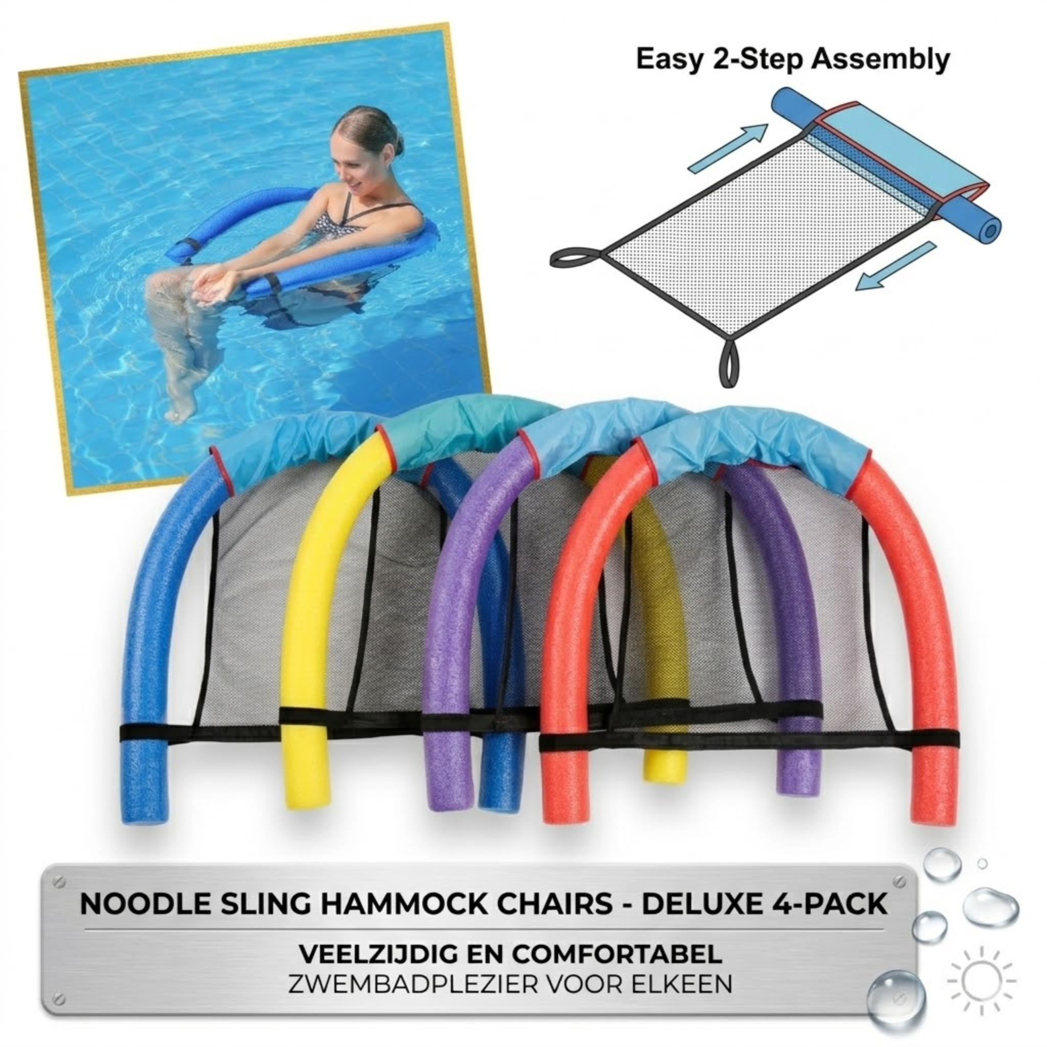 AquaFlexx® Water Noodle Hangmat Zak – Drijfstoel Net voor Zwembad, Pool Noodles & Waterontspanning