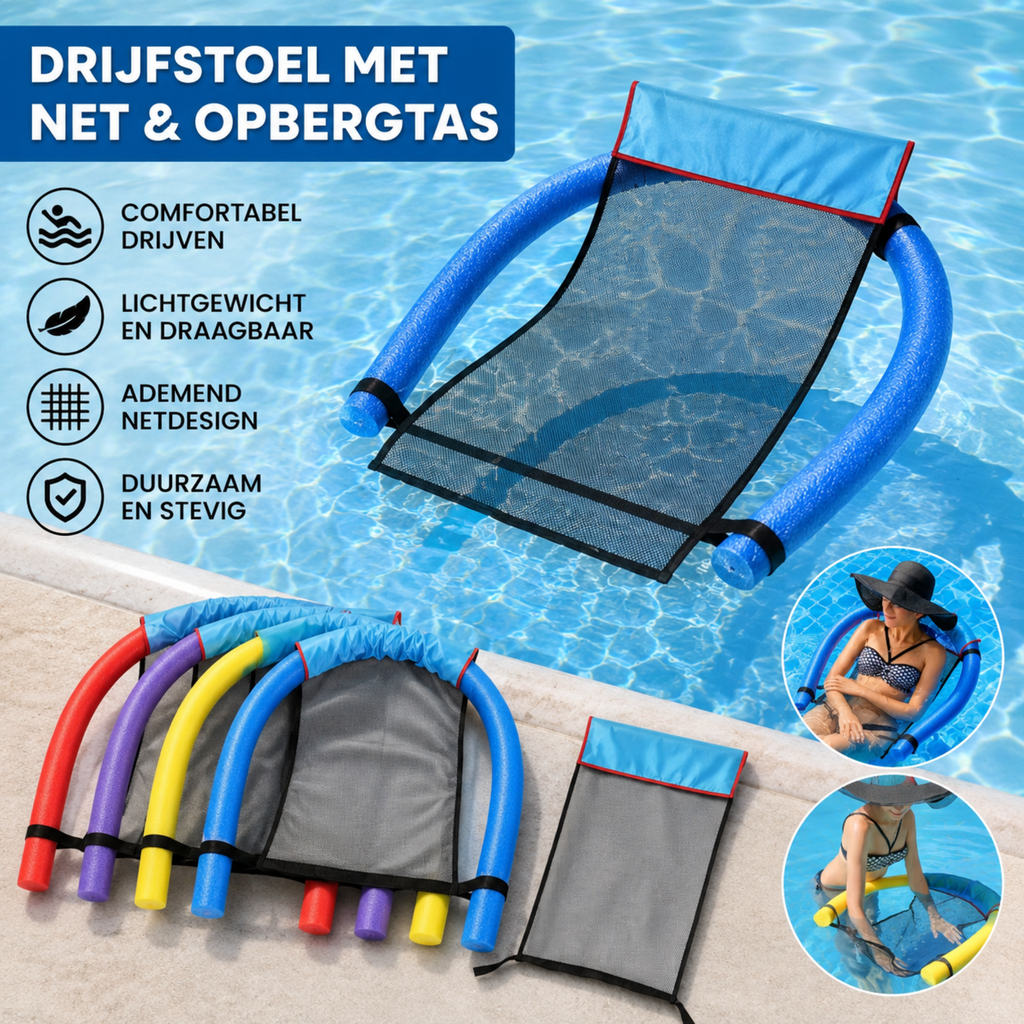 AquaFlexx® Water Noodle Hangmat Zak – Drijfstoel Net voor Zwembad, Pool Noodles & Waterontspanning
