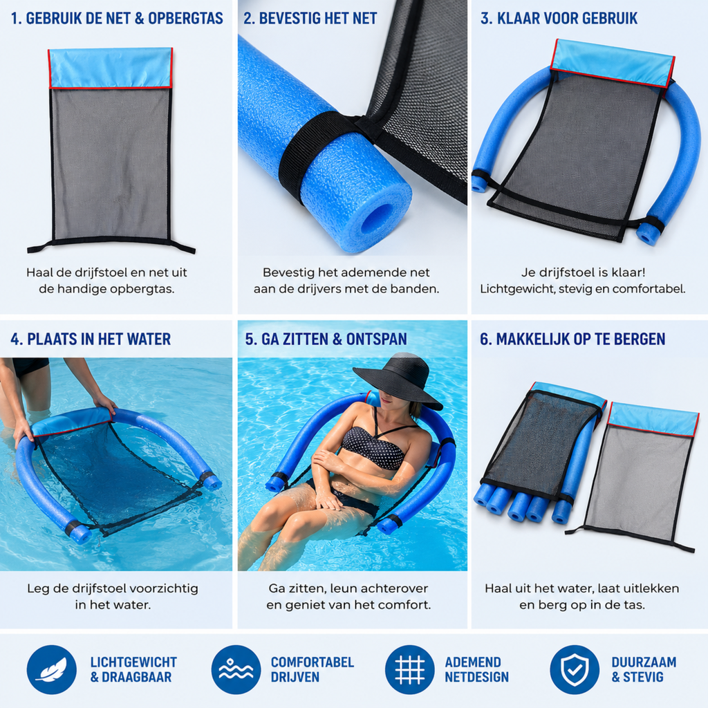 AquaFlexx® Water Noodle Hangmat Zak – Drijfstoel Net voor Zwembad, Pool Noodles & Waterontspanning